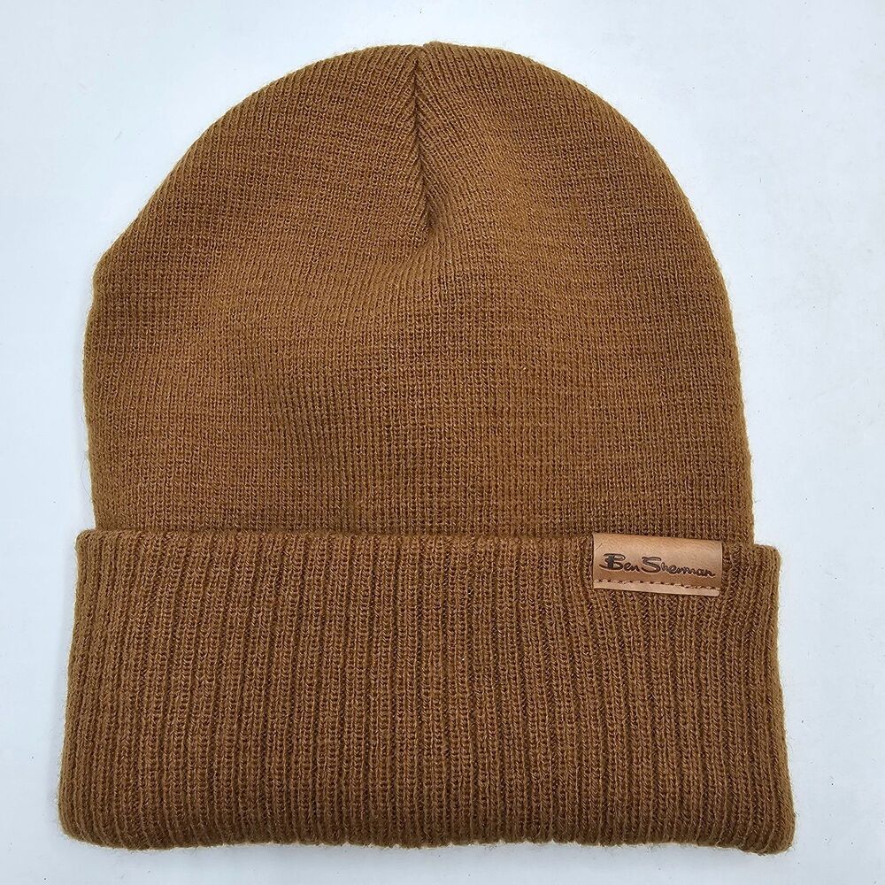 Mens Brown Knit Beanie Hat Fold Over Cuff Winter Skull Cap Toboggan Warm